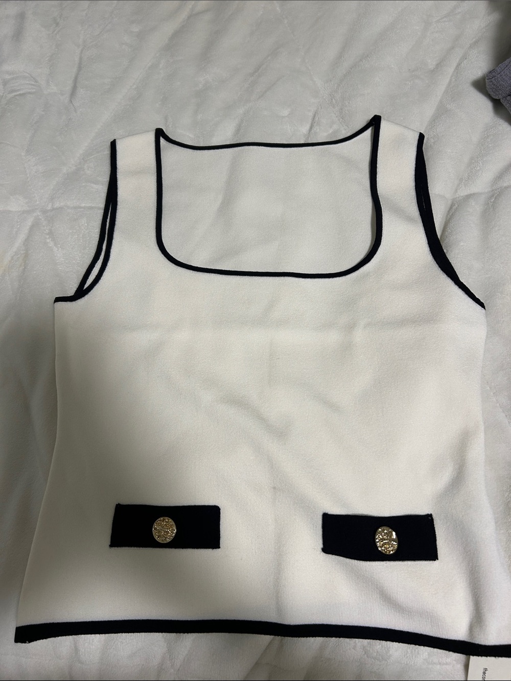 Commense White Sleeveless Tank with Black Trim and Gold Buttons